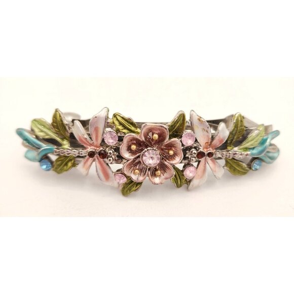 Vintage Floral  dragonfly Enamel Hair Barrette With Rhinestones & Leaf Accents - Picture 1 of 3